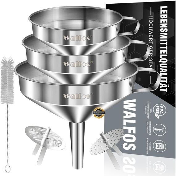 Walfos Trichter Set aus Edelstahl mit 2 abnehmbaren Siebfilter zum Übertragen Flüssigkeit, Speiseölen, Marmelade, und 1 Stück Reinigungsbürste,3 Pack trichter set edelstahl 14.4/12.7/10.4CM