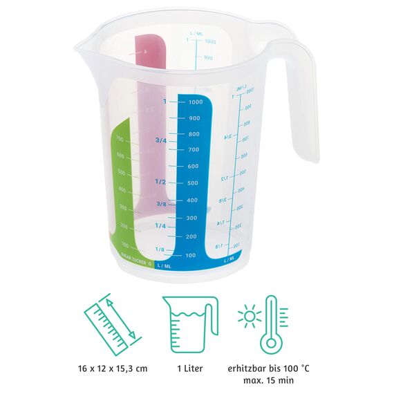 MiraHome 4er Set bunt – 2 Messbecher mit 1L & 2 mit 500ml – bruchsichere Kunststoff-Messbecher für Küche – Skala für ml/L, Cups & Gramm für Zucker/Mehl – Austrian Quality