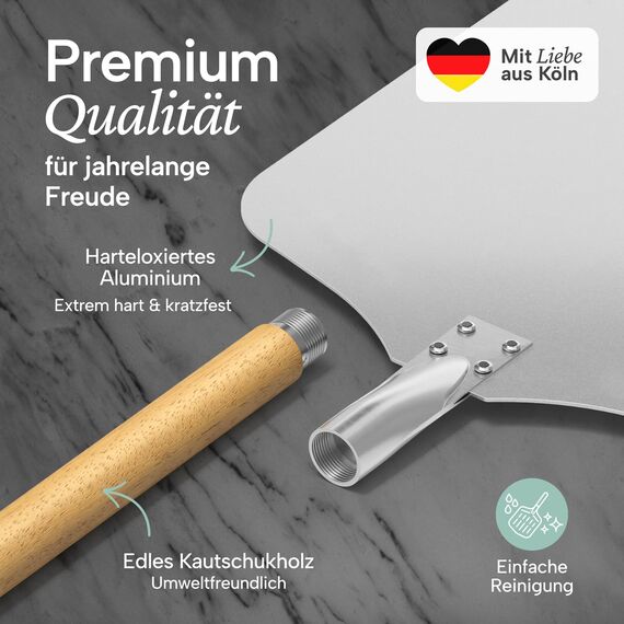 Blumtal Pizzaschieber 30,5x30,5 cm Fläche + abnehmbarer Holzgriff 24,5 cm - Pizzaschaufel ultra robust - Pizza Wender/Brotschieber - Zubehör Pizza Schaufel mit Aufhängehook - Pizzaschieber Holz