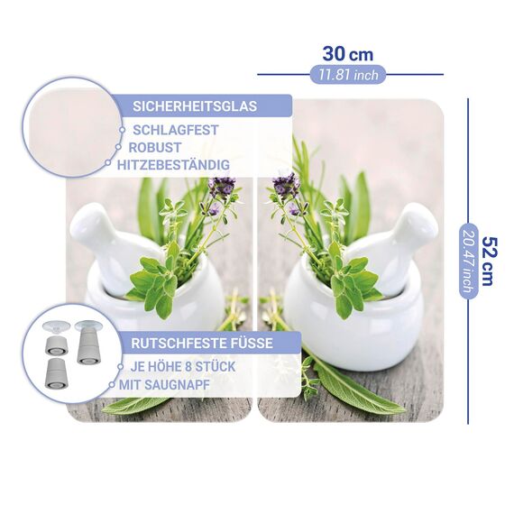 WENKO Herdabdeckplatte Universal Mod. Kräutergarten, höhenverstellbar für alle Herdarten, Schneidebrett und Spritzschutz, Glas, 30 x 52 cm, 2-teilig