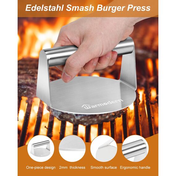 Warmodern Burgerpresse, 5,5 Zoll Edelstahl Smash Burger Press, 100 Stück Burgerpapier, Hamburgerpresse und Squeeze Grease, Leicht zu Reinigen