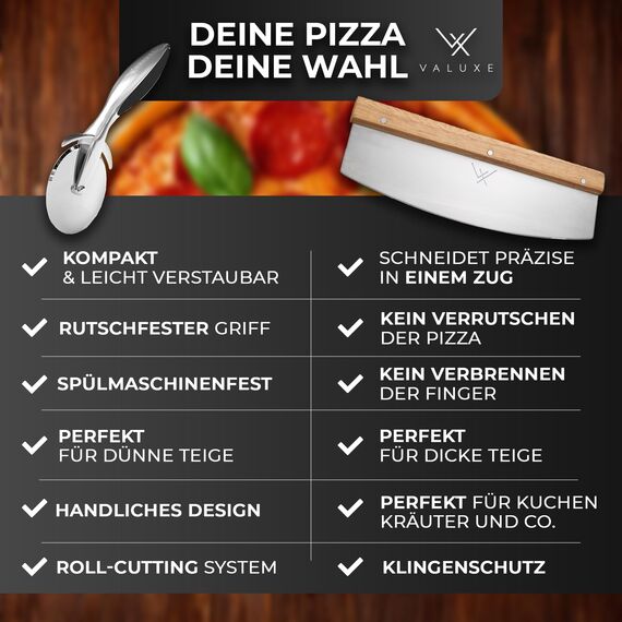 VALUXE Premium Pizzamesser aus Edelstahl & Holz - Profi Pizzaschneider Wiegemesser effektiver als Pizzaroller Handlicher 32cm Pizza Cutter - Pizza Messer für gleichmäßiges Schneiden