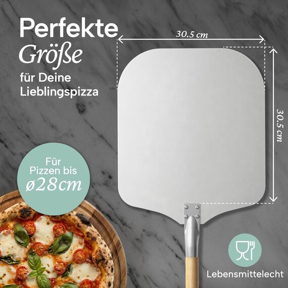 Blumtal Pizzaschieber 30,5x30,5 cm Fläche + abnehmbarer Holzgriff 24,5 cm - Pizzaschaufel ultra robust - Pizza Wender/Brotschieber - Zubehör Pizza Schaufel mit Aufhängehook - Pizzaschieber Holz