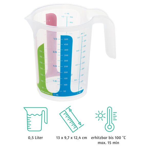 MiraHome 4er Set bunt – 2 Messbecher mit 1L & 2 mit 500ml – bruchsichere Kunststoff-Messbecher für Küche – Skala für ml/L, Cups & Gramm für Zucker/Mehl – Austrian Quality