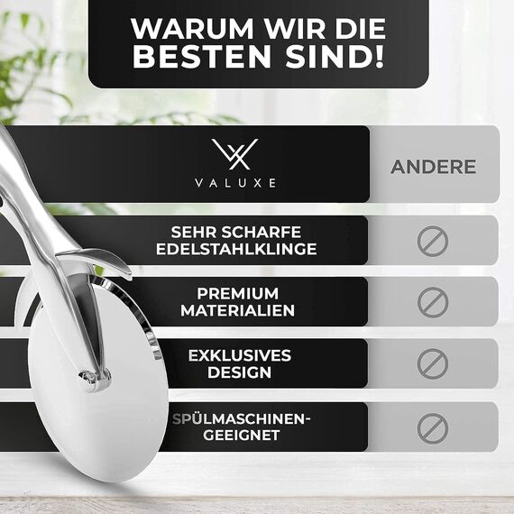 VALUXE® Pizzaschneider aus Edelstahl - Pizzaroller scharf & spülmaschinenfest - Professioneller Pizza-Cutter Roller inkl. Klingenschutz - Pizzamesser Rad