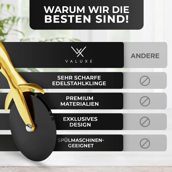 VALUXE® Pizzaschneider aus Edelstahl [Golden Original] - Pizzaroller scharf & spülmaschinenfest - Professioneller Pizza-Cutter Roller mit rutschfestem Griff, Pizzamesser Rad