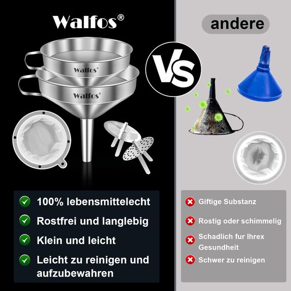 WALFOS Trichter aus Edelstahl und 200 Mesh Filter Jam Straining mit 2 abnehmbaren Sieben ＆ 1Pc Reinigungsbürste Set Sieb für die Übertragung von flüssigen Zutaten（2 Pack10cm/13cm）