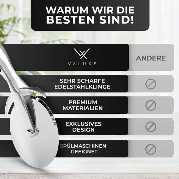 VALUXE® [Das Original] Pizzaschneider aus Edelstahl - Pizzaroller scharf & spülmaschinenfest - Professioneller Pizza-Cutter Roller mit rutschfestem Griff, Pizzamesser Rad