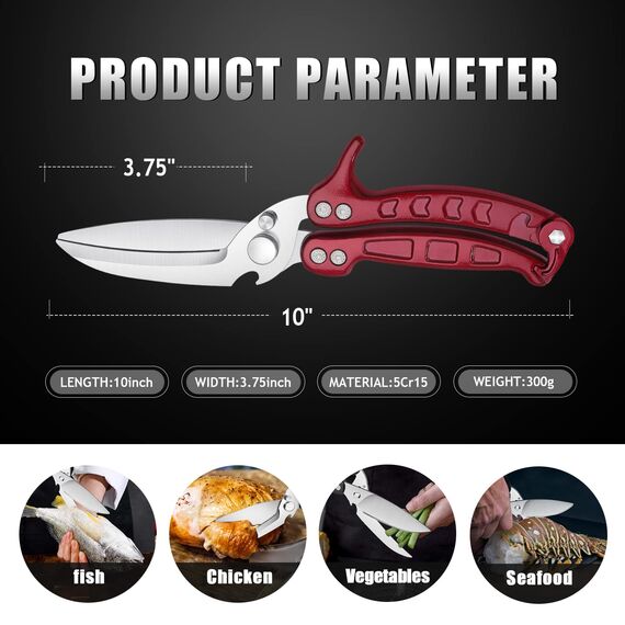 DRAGON RIOT Geflügelschere Abnehmbare, Heavy Duty Fleischschere, Mehrzweck-Küchenschere zum Schneiden von Knochen, Fleisch, Geflügel, Gemüse, Meeresfrüchte und Pizza, Knochenschere Rot