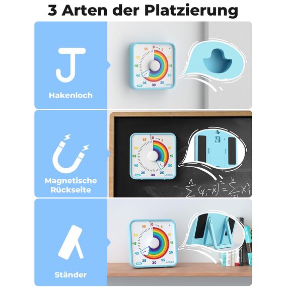 LIORQUE 19cm Visueller Timer 60 Minuten Countdown Timer mit großem Bildschirm für Kinder und Erwachsene Leiser Kurzzeitmesser für Küche Schule Büro Batterie inklusive (Regenbogen)