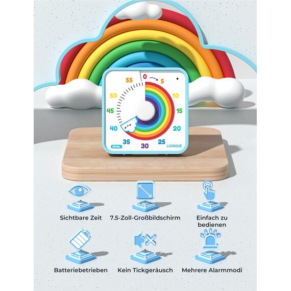 LIORQUE 19cm Visueller Timer 60 Minuten Countdown Timer mit großem Bildschirm für Kinder und Erwachsene Leiser Kurzzeitmesser für Küche Schule Büro Batterie inklusive (Regenbogen)
