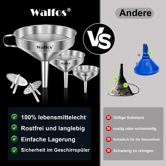 Walfos Trichter Set aus Edelstahl mit 2 abnehmbaren Siebfilter zum Übertragen Flüssigkeit, Speiseölen, Marmelade, und 1 Stück Reinigungsbürste,3 Pack trichter set edelstahl 14.4/12.7/10.4CM