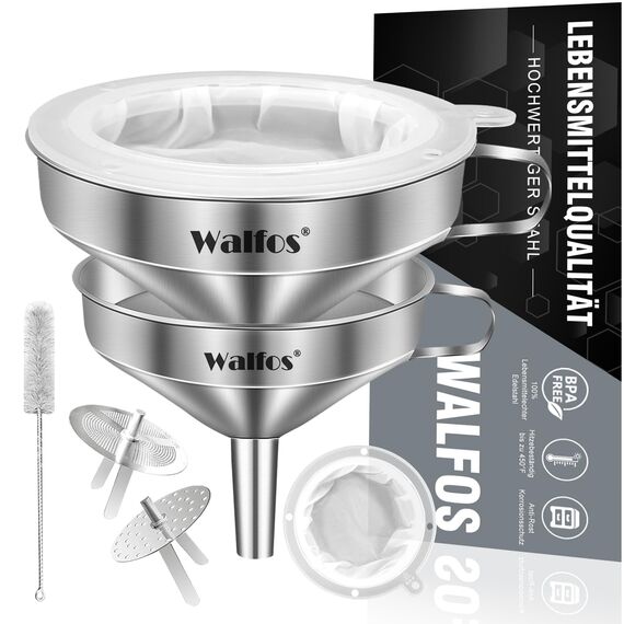 WALFOS Trichter aus Edelstahl und 200 Mesh Filter Jam Straining mit 2 abnehmbaren Sieben ＆ 1Pc Reinigungsbürste Set Sieb für die Übertragung von flüssigen Zutaten（2 Pack10cm/13cm）