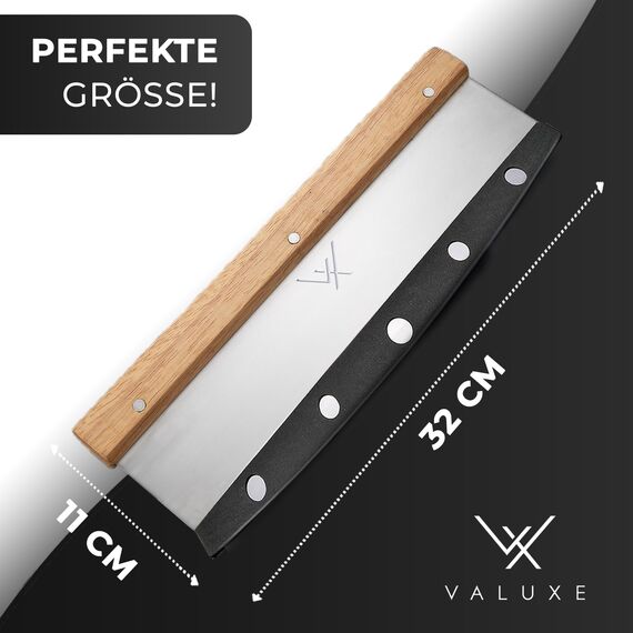 VALUXE Premium Pizzamesser aus Edelstahl & Holz - Profi Pizzaschneider Wiegemesser effektiver als Pizzaroller Handlicher 32cm Pizza Cutter - Pizza Messer für gleichmäßiges Schneiden