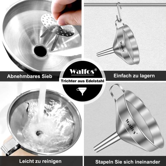WALFOS® Trichter Edelstahl mit 2 abnehmbaren Sieben, 10.4cm trichter küche für die Übertragung von flüssigen Zutaten