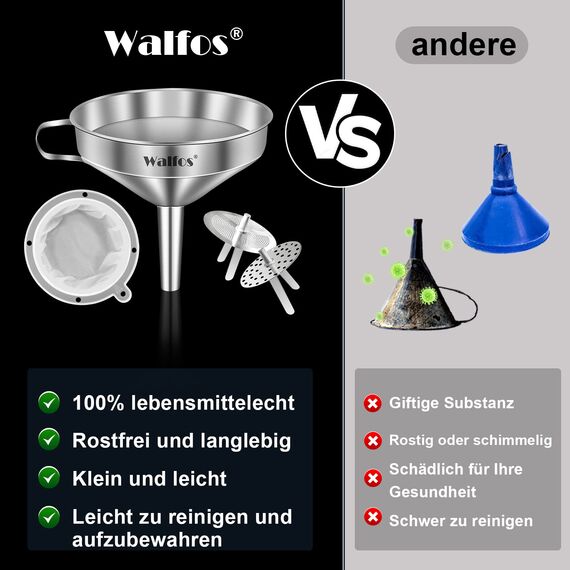 Walfos Trichter edelstahl, mit 2 abnehmbaren Sieben ＆ 1 Stück Reinigungsbürste, 200 Mesh Lebensmittelfiltersieb,trichter küche perfekt zum Umfüllen von Flüssigkeiten, Ölen, Wein, Pulver (13 cm)