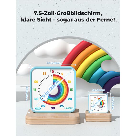 LIORQUE 19cm Visueller Timer 60 Minuten Countdown Timer mit großem Bildschirm für Kinder und Erwachsene Leiser Kurzzeitmesser für Küche Schule Büro Batterie inklusive (Regenbogen)