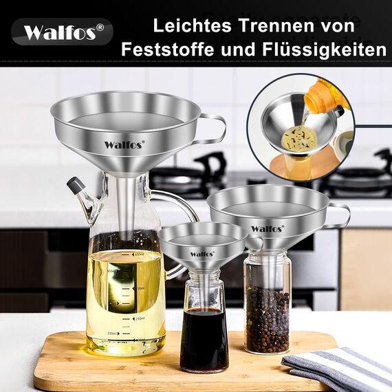 Walfos Trichter Set aus Edelstahl mit 2 abnehmbaren Siebfilter zum Übertragen Flüssigkeit, Speiseölen, Marmelade, und 1 Stück Reinigungsbürste,3 Pack trichter set edelstahl 14.4/12.7/10.4CM