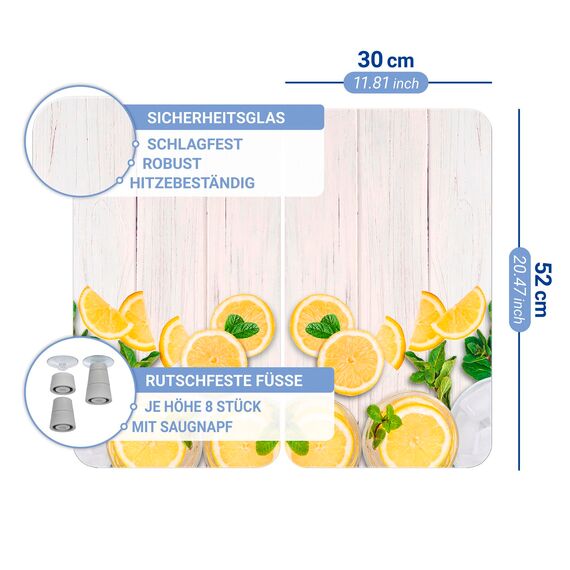 WENKO Herdabdeckplatte Universal Mod. Zitronen, höhenverstellbar für alle Herdarten, Schneidebrett und Spritzschutz, Glas, 30 x 52 cm, 2-teilig