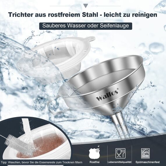 Walfos Trichter edelstahl, mit 2 abnehmbaren Sieben ＆ 1 Stück Reinigungsbürste, 200 Mesh Lebensmittelfiltersieb,trichter küche perfekt zum Umfüllen von Flüssigkeiten, Ölen, Wein, Pulver (13 cm)