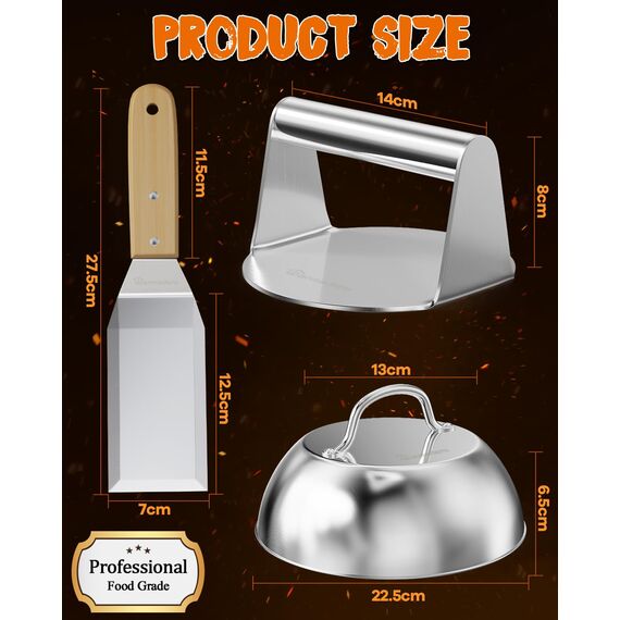 Warmodern Burgerpresse Set 3-TLG aus Edelstahl inkl.5,5 Zoll Round Smash Burger Press, Burgerglocke, Wender, Professionelles Edelstahl Burgerpresse Grillzubehör für Leckere Hamburger, Pattie