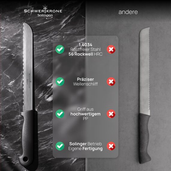 Schwertkrone® Brotmesser Wellenschliff [MADE IN SOLINGEN - GERMANY] - Bread Knife - Großes Brotmesser mit Griff - Brötchen- & Brotschneidemesser - Sägemesser aus Rostfreiem Edelstahl (Klinge: 17cm)