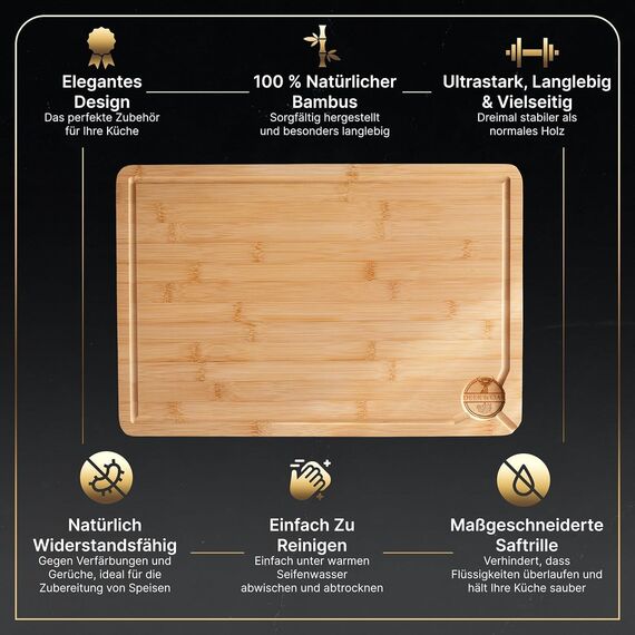 Deer & Oak Schneidebrett Holz – XXL Bambusbrett 44x30x2cm, Vorgeölt & Wasserabweisend, Messerfreundliches Küchenbrett für Fleisch, Gemüse & Brot