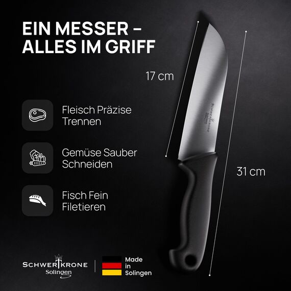 Schwertkrone® Santoku Messer [MADE IN SOLINGEN - GERMANY] - Filetiermesser Fisch - Santokumesser Fischmesser Fleischmesser extrem Scharf - Kochmesser Küchenmesser scharf - Chef Knife (Klinge: 17cm)