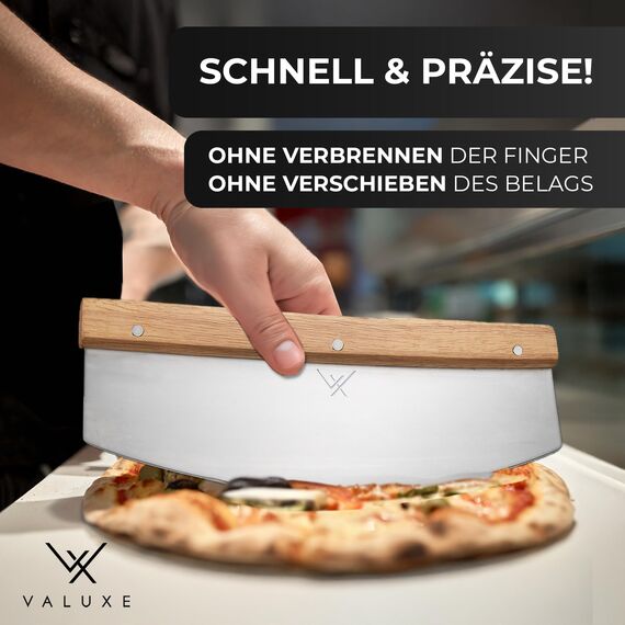 VALUXE Premium Pizzamesser aus Edelstahl & Holz - Profi Pizzaschneider Wiegemesser effektiver als Pizzaroller Handlicher 32cm Pizza Cutter - Pizza Messer für gleichmäßiges Schneiden