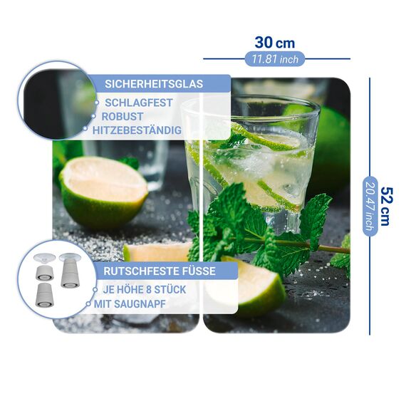 WENKO Herdabdeckplatte Universal Mod. Mojito, höhenverstellbar für alle Herdarten, Schneidebrett und Spritzschutz, Glas, 30 x 52 cm, 2-teilig