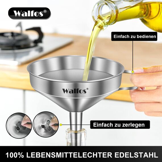Walfos Trichter edelstahl, mit 2 abnehmbaren Sieben ＆ 1 Stück Reinigungsbürste, 200 Mesh Lebensmittelfiltersieb,trichter küche perfekt zum Umfüllen von Flüssigkeiten, Ölen, Wein, Pulver (13 cm)