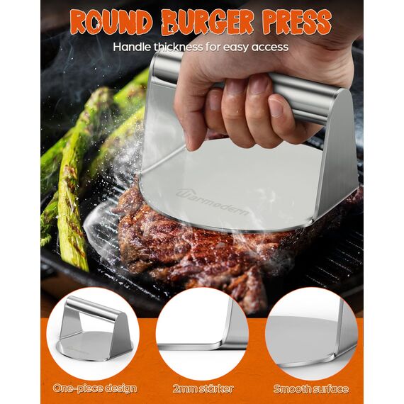 Warmodern Burgerpresse Set 3-TLG aus Edelstahl inkl.5,5 Zoll Round Smash Burger Press, Burgerglocke, Wender, Professionelles Edelstahl Burgerpresse Grillzubehör für Leckere Hamburger, Pattie