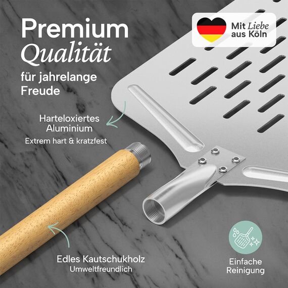 Blumtal Pizzaschieber perforiert 30,5x30,5 cm Fläche + Holzgriff 24,5 cm - Pizzaschaufel perforiert aus Anti-Haft Aluminium & Edelstahl - Pizza Schieber/Brotschieber - Pizza Zubehör Pizzaheber