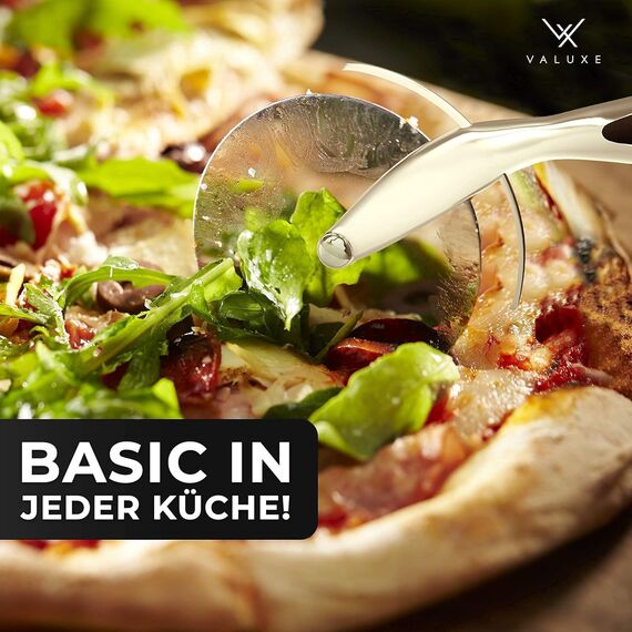 VALUXE® Pizzaschneider aus Edelstahl - Pizzaroller scharf & spülmaschinenfest - Professioneller Pizza-Cutter Roller inkl. Klingenschutz - Pizzamesser Rad