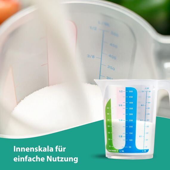 MiraHome 4er Set bunt – 2 Messbecher mit 1L & 2 mit 500ml – bruchsichere Kunststoff-Messbecher für Küche – Skala für ml/L, Cups & Gramm für Zucker/Mehl – Austrian Quality