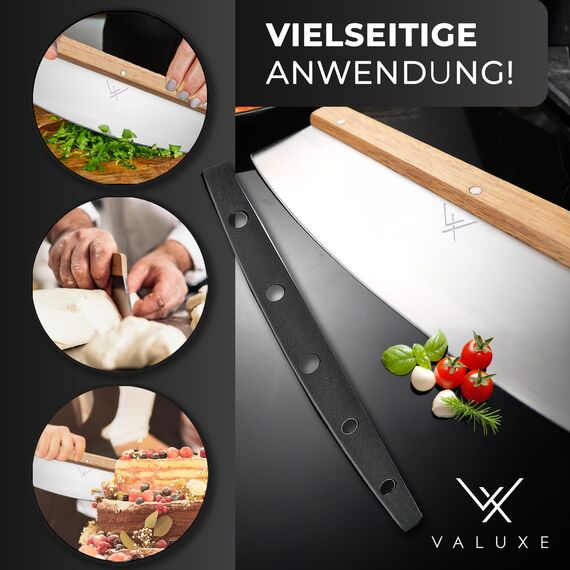VALUXE Premium Pizzamesser aus Edelstahl & Holz - Profi Pizzaschneider Wiegemesser effektiver als Pizzaroller Handlicher 32cm Pizza Cutter - Pizza Messer für gleichmäßiges Schneiden