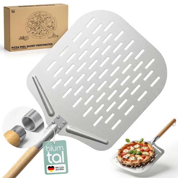 Blumtal Pizzaschieber perforiert 30,5x30,5 cm Fläche + Holzgriff 24,5 cm - Pizzaschaufel perforiert aus Anti-Haft Aluminium & Edelstahl - Pizza Schieber/Brotschieber - Pizza Zubehör Pizzaheber