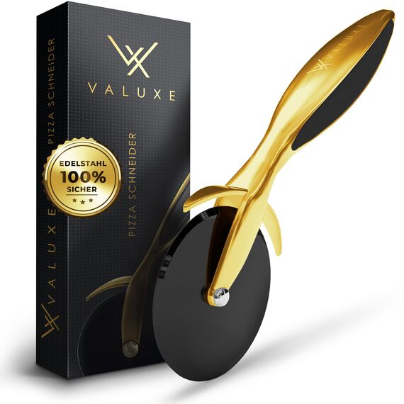 VALUXE® Pizzaschneider aus Edelstahl [Golden Original] - Pizzaroller scharf & spülmaschinenfest - Professioneller Pizza-Cutter Roller mit rutschfestem Griff, Pizzamesser Rad