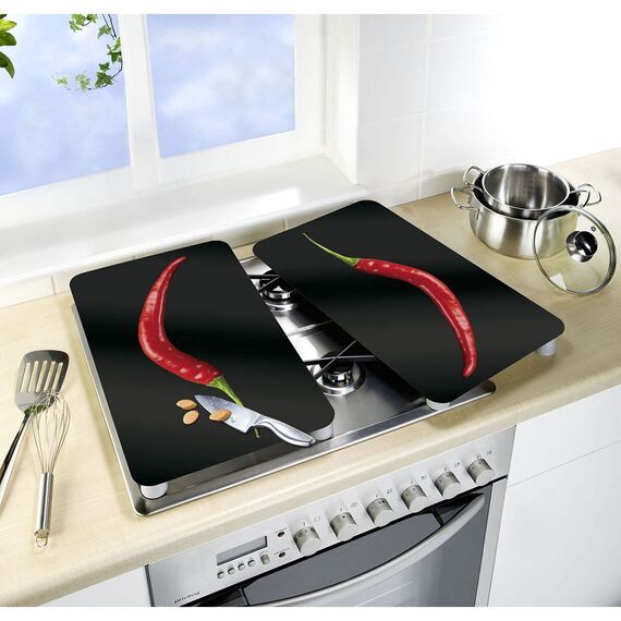 WENKO Herdabdeckplatte Universal Mod. Hot Peperoni, höhenverstellbar für alle Herdarten, Schneidebrett und Spritzschutz, Glas, 30 x 52 cm, 2-teilig