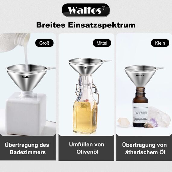 Walfos® Trichter Edelstahl, 3 Stück Mini Trichter Küche geeignet zum Umfüllen von Flüssigkeiten und, kleine Flaschen wie Öl, Salz, Zucker, Parfümflaschen, ätherische Öle