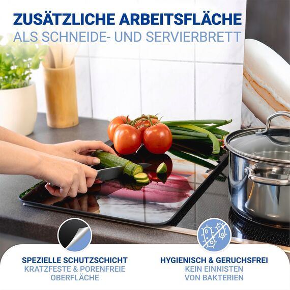 WENKO Herdabdeckplatte Universal Mod. Macarons, höhenverstellbar für alle Herdarten, Schneidebrett und Spritzschutz, Glas, 30 x 52 cm, 2-teilig