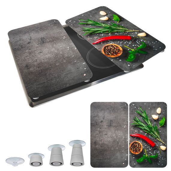 WENKO Herdabdeckplatte Universal Mod. Rosmarin, höhenverstellbar für alle Herdarten, Schneidebrett und Spritzschutz, Glas, 30 x 52 cm, 2-teilig