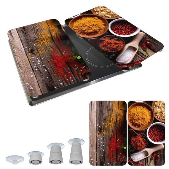 WENKO Herdabdeckplatte Universal Mod. Gewürze, höhenverstellbar für alle Herdarten, Schneidebrett und Spritzschutz, Glas, 30 x 52 cm, 2-teilig