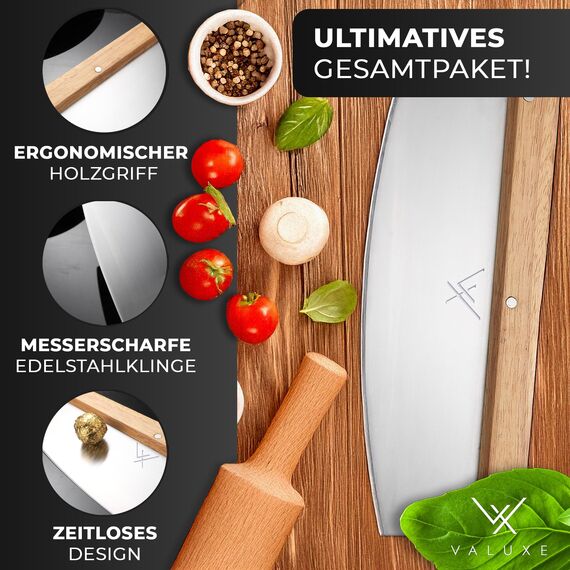 VALUXE Premium Pizzamesser aus Edelstahl & Holz - Profi Pizzaschneider Wiegemesser effektiver als Pizzaroller Handlicher 32cm Pizza Cutter - Pizza Messer für gleichmäßiges Schneiden