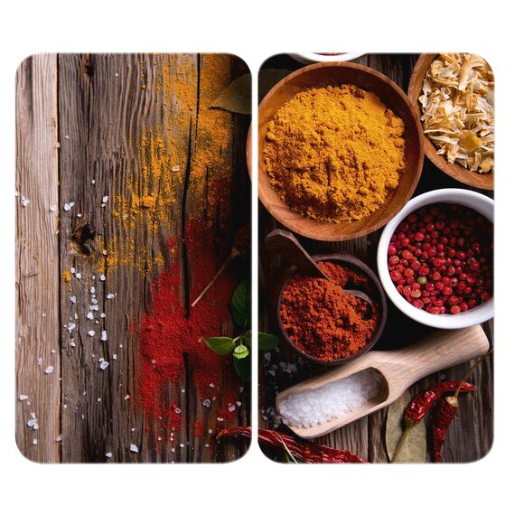 WENKO Herdabdeckplatte Universal Mod. Gewürze, höhenverstellbar für alle Herdarten, Schneidebrett und Spritzschutz, Glas, 30 x 52 cm, 2-teilig