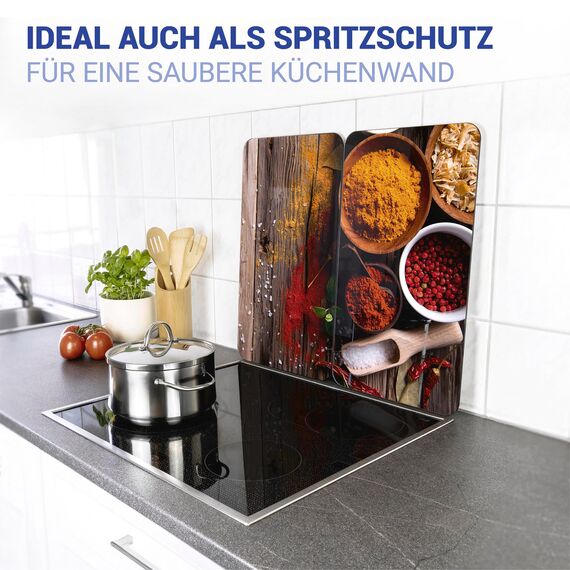 WENKO Herdabdeckplatte Universal Mod. Gewürze, höhenverstellbar für alle Herdarten, Schneidebrett und Spritzschutz, Glas, 30 x 52 cm, 2-teilig