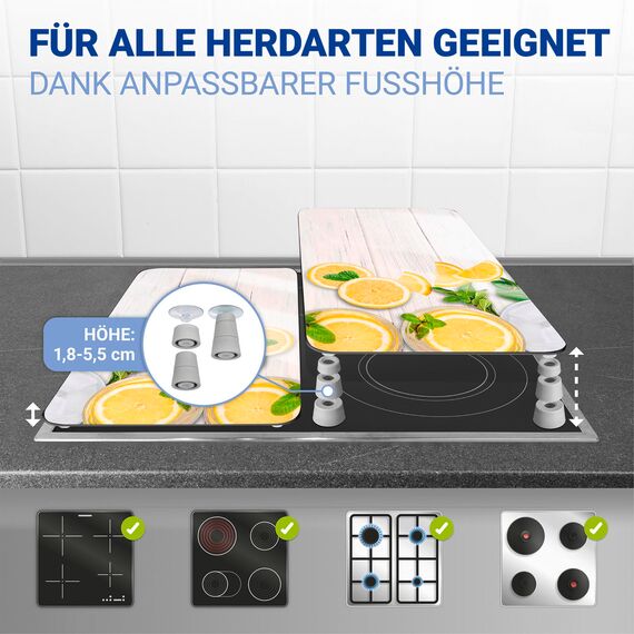 WENKO Herdabdeckplatte Universal Mod. Zitronen, höhenverstellbar für alle Herdarten, Schneidebrett und Spritzschutz, Glas, 30 x 52 cm, 2-teilig