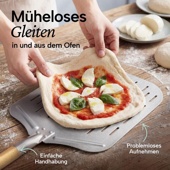 Blumtal Pizzaschieber perforiert 30,5x30,5 cm Fläche + Holzgriff 46,5 cm - Pizzaschaufel perforiert aus Anti-Haft Aluminium & Edelstahl - Pizza Schieber/Brotschieber - Pizza Zubehör Pizzaheber