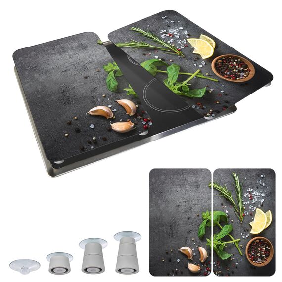 WENKO Herdabdeckplatte Universal Mod. Kräuter, höhenverstellbar für alle Herdarten, Schneidebrett und Spritzschutz, Glas, 30 x 52 cm, 2-teilig