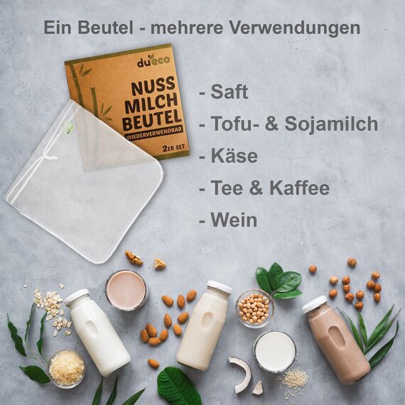 DuEco Nussmilchbeutel mit 2 Stück für Bio Nussmilch & Pflanzenmilch - Mehrzweck Passiertuch für hausgemachten Käse, Obstsaft und Gemüsesaft (2er Set | 1V-förm (28 x 30cm)+1U-förm (30 x 30cm))